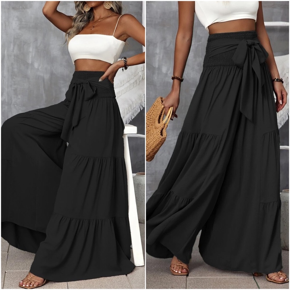 Boho High Waist Tie Wide leg Polazzo Lounge Pants - Picture 1 of 5